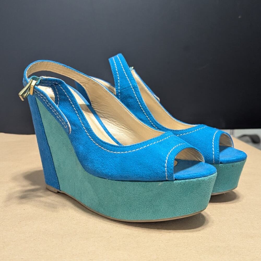 Vintage Y2K Chunky Colorblock Wedge Platform Heels Peep Toe Blue Green SODA 8.5